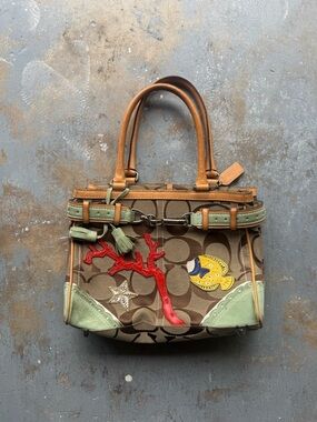 Coach Brown Signature Satchel with Coral, Mint & Yellow Fish Appliqué